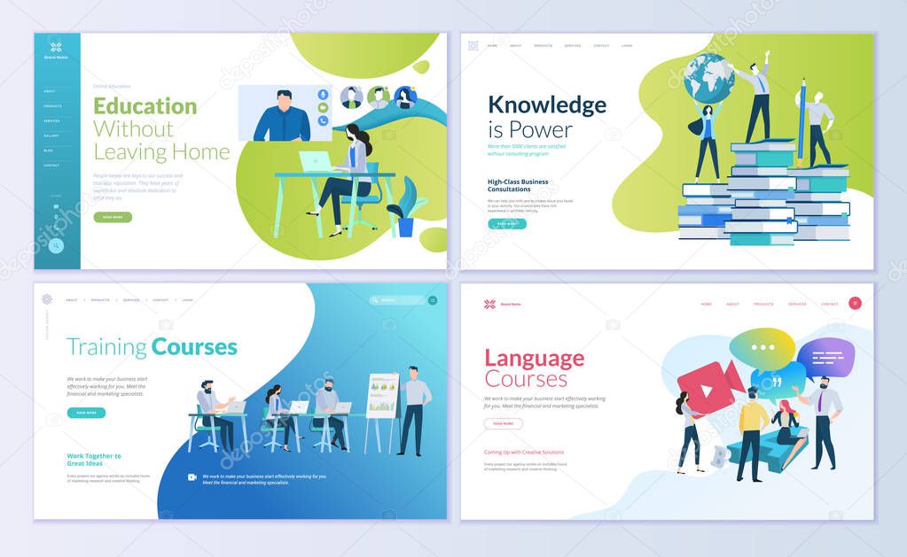 Set of web page design templates for distance education, consulting, training, language courses. Modern vector illustration concepts for website and mobile website development.