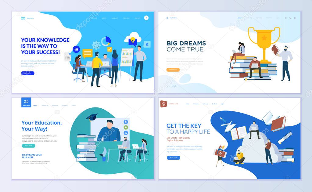 Set of web page design templates for staff education, consulting, college, education app. Modern vector illustration concepts for website and mobile website development.