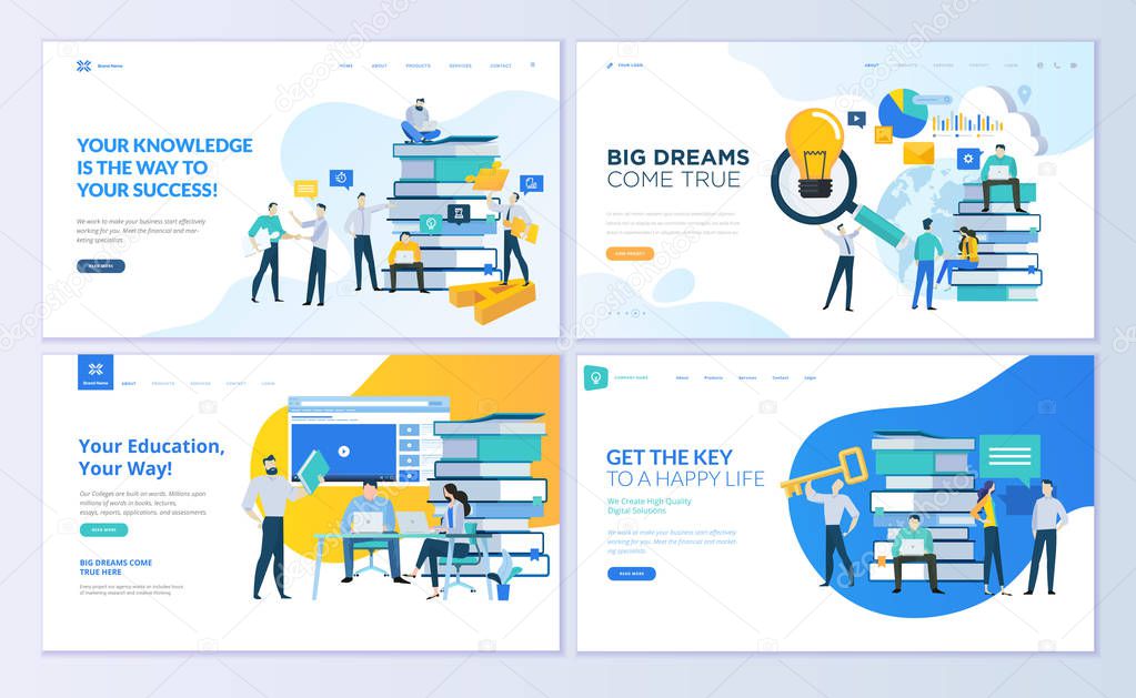 Set of web page design templates for education, know how, university, business solutions. Modern vector illustration concepts for website and mobile website development. 