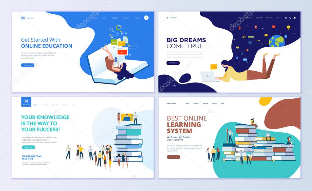 Set of web page design templates for online education, training and courses, learning, video tutorials. Modern vector illustration concepts for website and mobile website development.