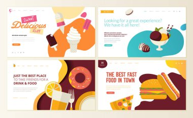 Web sayfa tasarım şablonları organik fast food, dondurma, pastane, pasta ve şekerlemeler, tatlılar, Restoran, yiyecek ve içecek için kümesi. Web ve mobil web sitesi geliştirme için vektör illüstrasyon kavramlar. 
