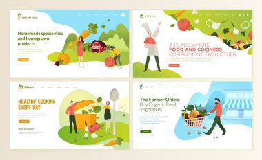 Web sayfa tasarım şablonları organik yiyecek ve içecek, doğal ürünler, organik gıda, Restoran, online mağaza için kümesi. Web ve mobil web sitesi geliştirme için vektör illüstrasyon kavramlar. 