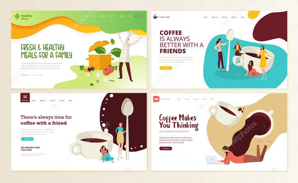 Set of web page design templates for organic coffee, cafe bar,  coffee shop, restaurant, healthy food and drink,  food delivery. Vector illustration concepts for website and mobile website development. 