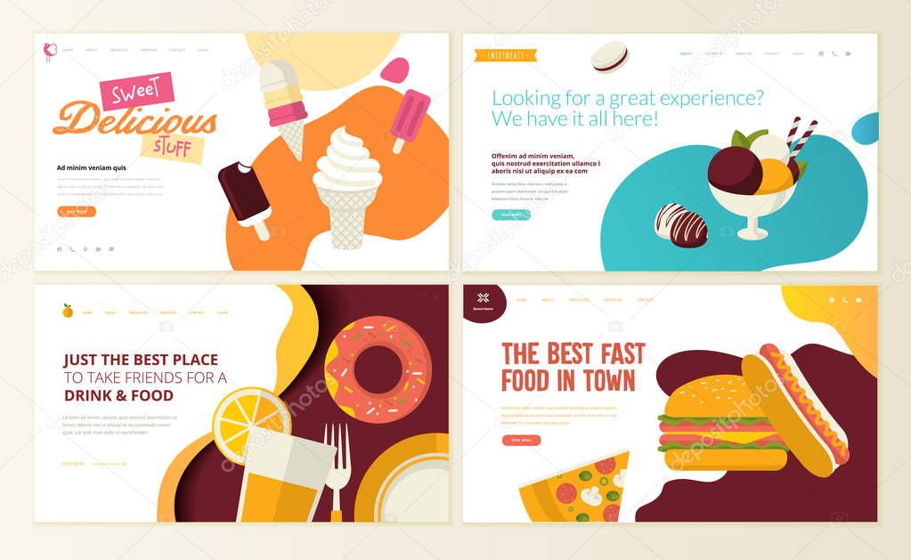 Set of web page design templates for organic fast food,  ice cream, pastry shop, confectionery, sweets, restaurant, food and drink. Vector illustration concepts for website and mobile website development. 