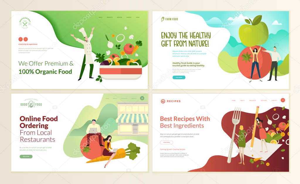 Set of web page design templates for organic food and drink, natural products, restaurant, online food ordering, recipes. Vector illustration concepts for website and mobile website development. 