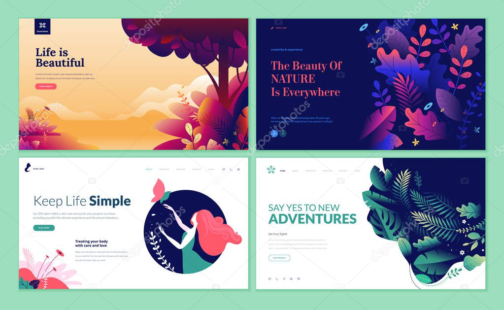 Set of web page design templates for beauty, spa, wellness, natural products, cosmetics, body care, healthy life. Modern vector illustration concepts for website and mobile website development.