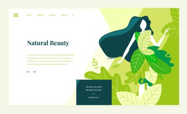 Web sayfa tasarım şablonu güzellik, spa, sağlık, doğal ürünler, kozmetik, vücut bakımı, sağlıklı yaşam için. Modern düz tasarım vektör illüstrasyon kavramı Web sitesi ve mobil web sitesi geliştirme için. 