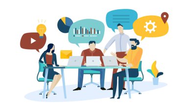 Vektör illüstrasyon kavramı Pazar araştırması, seo, iş analizi, strateji, dijital pazarlama, takım çalışması. Web reklam, pazarlama malzemeleri, halkla ilişkiler iş sunumu için yaratıcı düz tasarım.