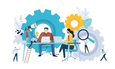 Vektör illüstrasyon kavramı ekip çalışması, proje yönetimi, iş akışı, iş mekanizması, araştırma ve geliştirme. Web reklam, pazarlama malzemeleri, halkla ilişkiler iş sunumu için yaratıcı düz tasarım.