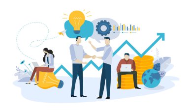 Vektör illüstrasyon kavramı iş planı, başlangıç, büyük fikir, yatırım, crowdfunding, ortaklık, denize indirmek ürün ya da hizmet. Web reklam, pazarlama malzemeleri, halkla ilişkiler iş sunumu için yaratıcı düz tasarım.