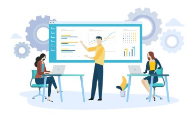Vektör çizim ürün geliştirme kavramı. Web reklam, pazarlama malzemeleri, halkla ilişkiler iş sunumu için yaratıcı düz tasarım.
