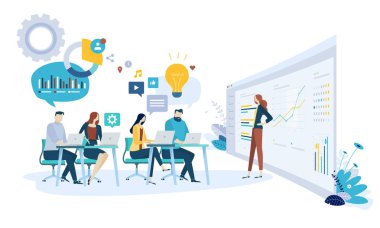 Beyin fırtınası, araştırma ve geliştirme departmanının vektör illüstrasyon kavramı. Web reklam, pazarlama malzemeleri, halkla ilişkiler iş sunumu için yaratıcı düz tasarım.