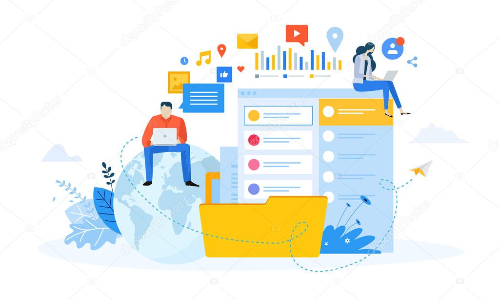 Vector illustration concept of social media. Creative flat design for web banner, marketing material, business presentation, online advertising.