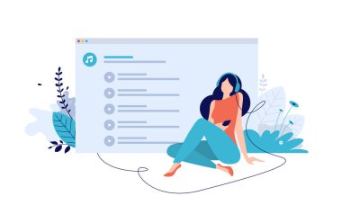 Vektör illüstrasyon kavramı eğlence, müzik uygulamaları, çalma listesi, online şarkı, radyo istasyonları. Web reklam, pazarlama malzemeleri, halkla ilişkiler iş sunumu için yaratıcı düz tasarım.