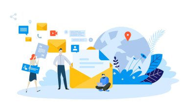 E-posta pazarlama vektör illüstrasyon kavramı. Web reklam, pazarlama malzemeleri, halkla ilişkiler iş sunumu için yaratıcı düz tasarım.