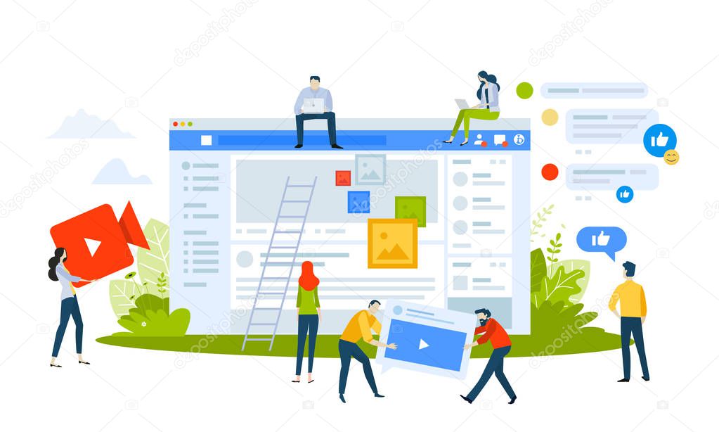 Vector illustration concept of social media apps and services. Creative flat design for web banner, marketing material, business presentation, online advertising.