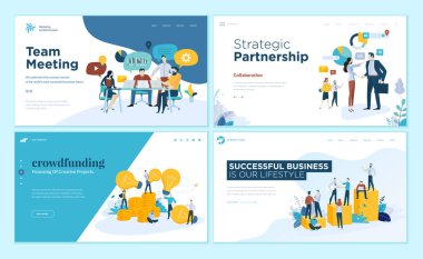 Bizim takım, Toplantı ve beyin fırtınası, stratejik ortaklık, crowdfunding, iş başarısı için web sayfası tasarım şablonları kümesi. Modern vektör illüstrasyon kavramlar Web sitesi ve mobil web sitesi geliştirme için. 