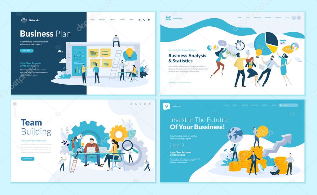 Set of web page design templates for business plan, analysis and statistics, team building, consulting. Modern vector illustration concepts for website and mobile website development.