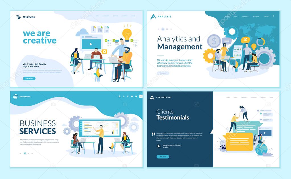 Set of web page design templates for creative and innovative solutions, business services, management and analytics, testimonials. Modern vector illustration concepts for website and mobile website development. 