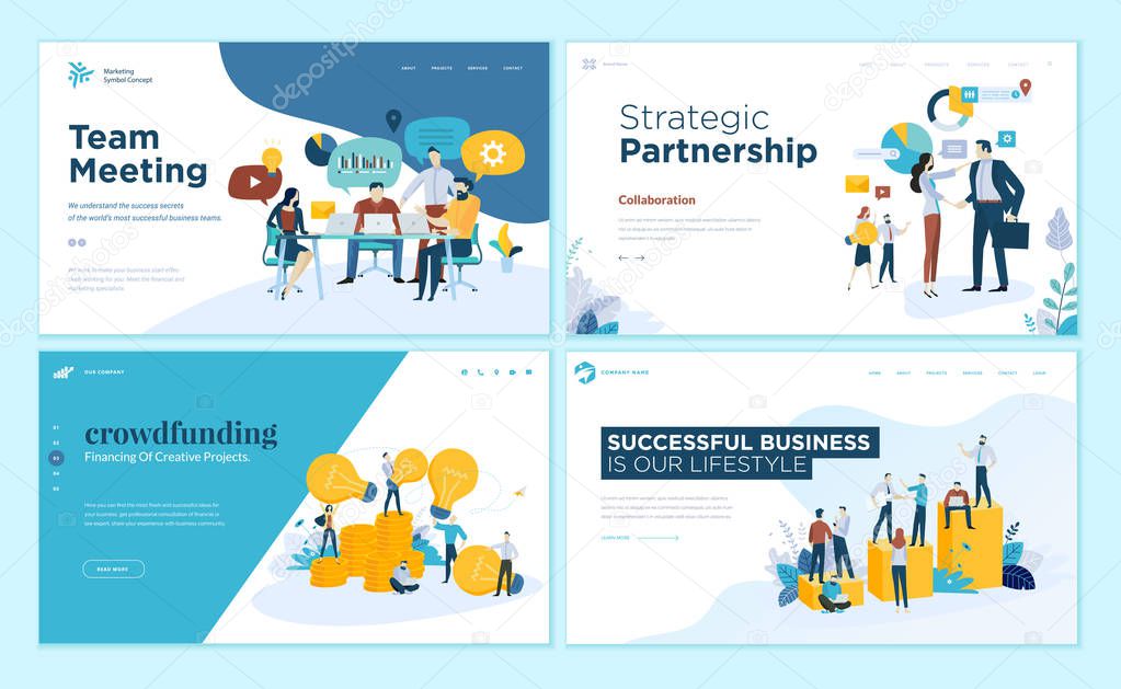 Set of web page design templates for our team, meeting and brainstorming, strategic partnership, crowdfunding, business success. Modern vector illustration concepts for website and mobile website development.