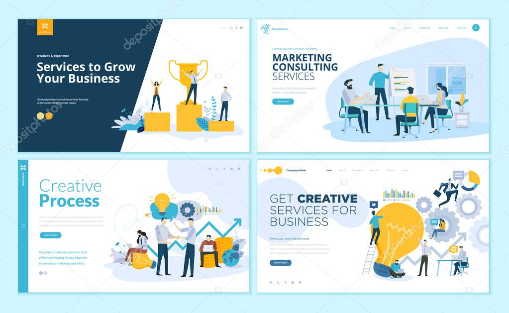 Set of web page design templates for creative process, business success and teamwork, marketing consulting . Modern vector illustration concepts for website and mobile website development.