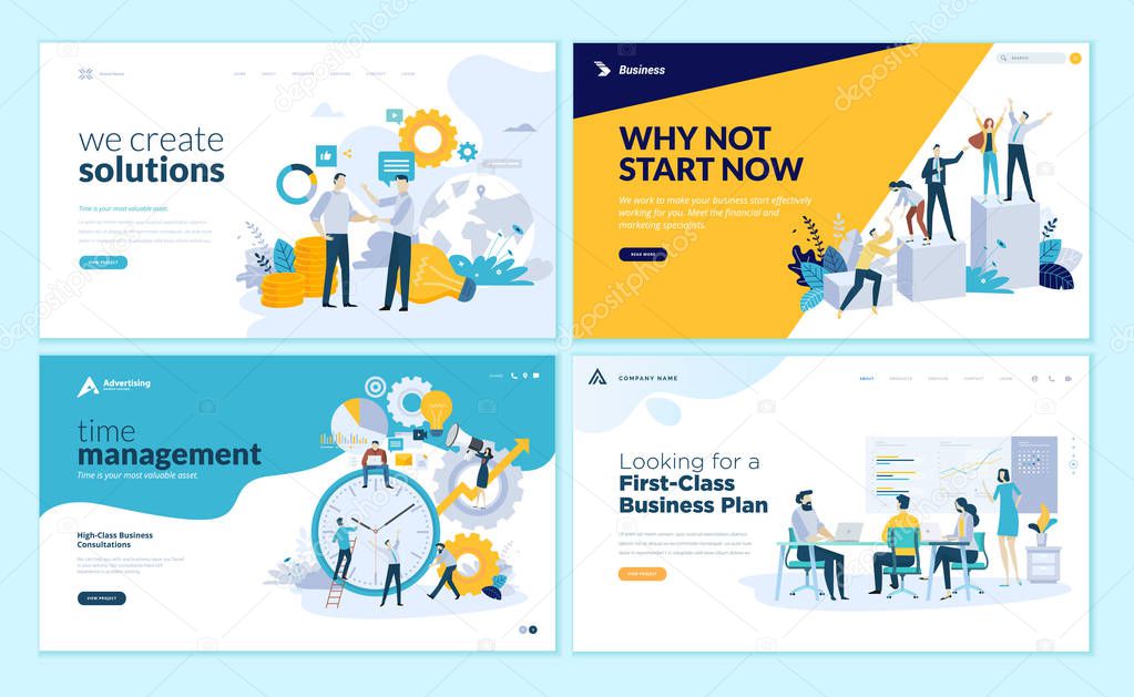 Set of web page design templates for business solutions, startup, time management, planning and strategy. Modern vector illustration concepts for website and mobile website development. 