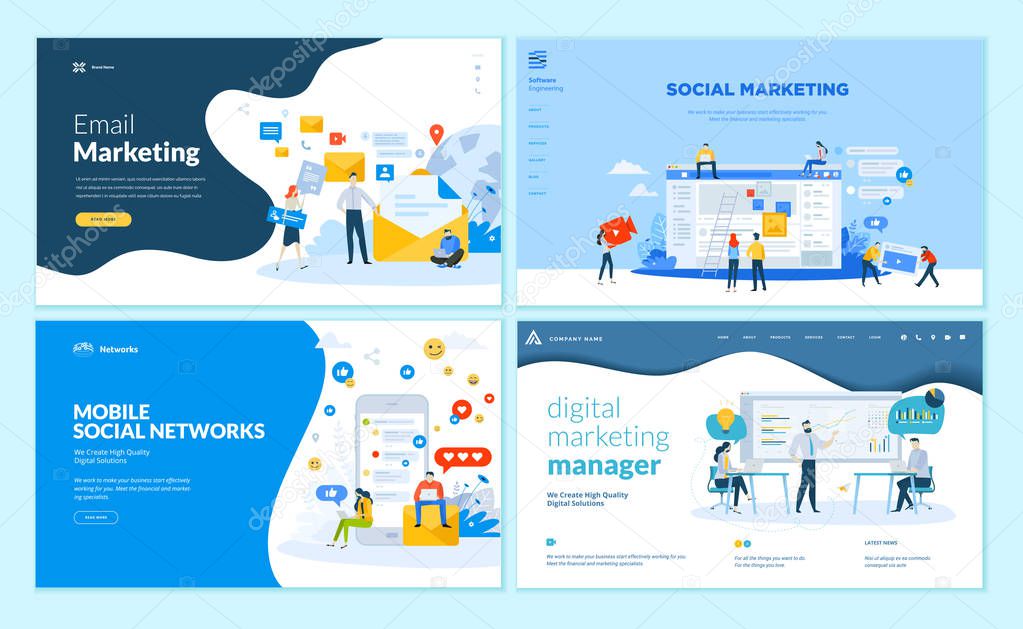 Set of web page design templates for mobile social network, internet marketing solutions. Modern vector illustration concepts for website and mobile website development.