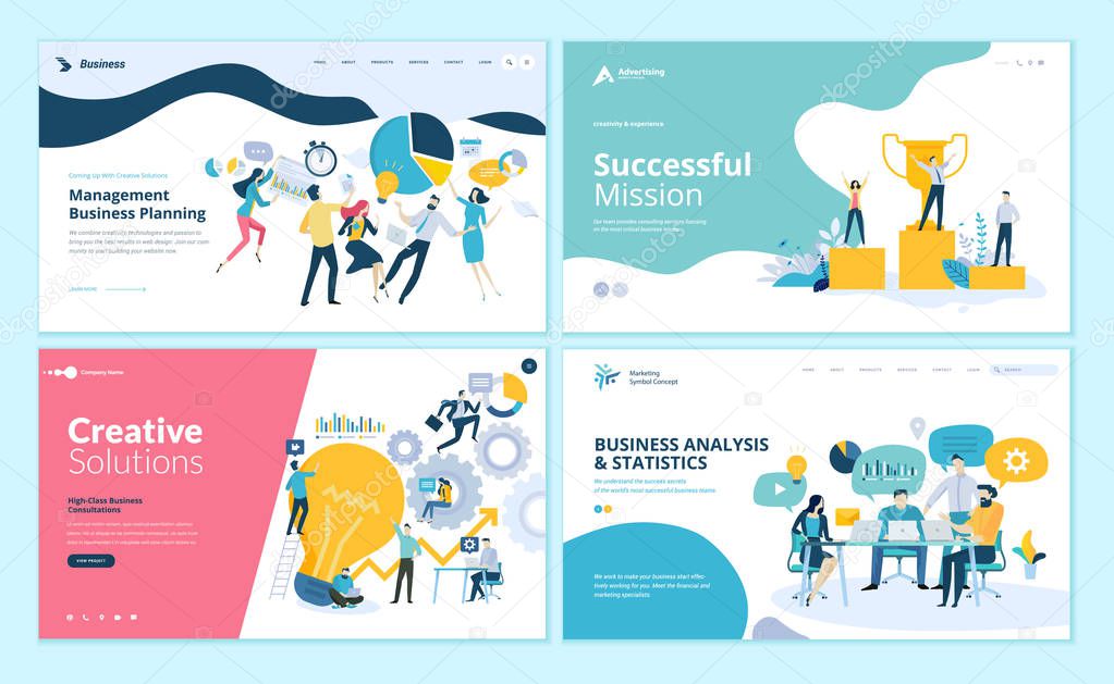 Set of web page design templates for teamwork, project management, business workflow, customer relationship management. Modern vector illustration concepts for website and mobile website development.