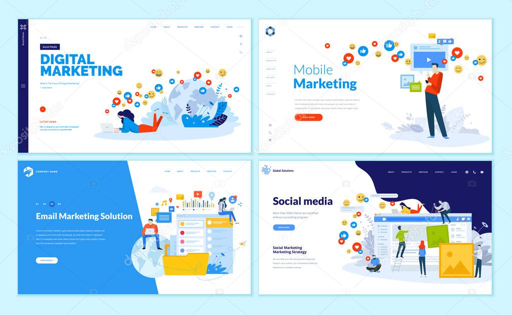 Set of web page design templates for social media, online marketing and communication. Modern vector illustration concepts for website and mobile website development.