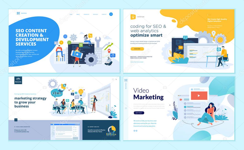 Set of web page design templates for web and mobile apps, SEO, marketing strategy, video marketing . Modern vector illustration concepts for website and mobile website development. 