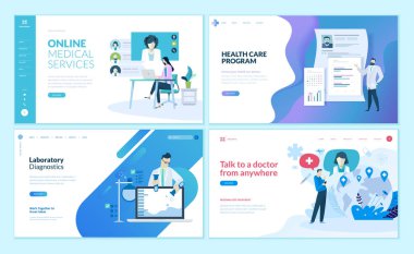 Set of web page design templates for online medical support, health care,  laboratory, medical services. Modern vector illustration concepts for website and mobile website development.  clipart