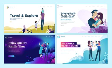Web sayfa tasarım şablonları aile sağlık, seyahat ve Aile aktiviteleri zevk için kümesi. Modern vektör illüstrasyon kavramlar Web sitesi ve mobil web sitesi geliştirme için. 