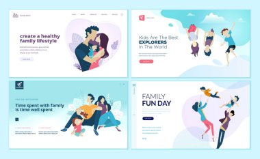 Web sayfa tasarım şablonları için aile için aile eğlence ve eğlence, çocuk etkinlikleri, sağlıklı ve güvenli ortamı kümesi. Modern vektör illüstrasyon kavramlar Web sitesi ve mobil web sitesi geliştirme için. 