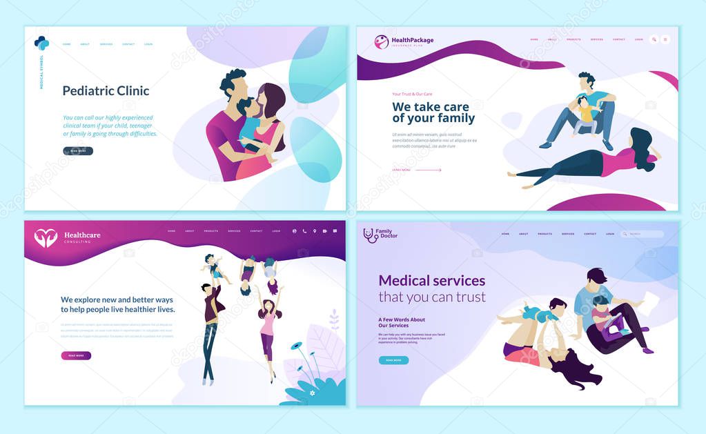 Set of web page design templates for family doctor, pediatric clinic, healthy life. Modern vector illustration concepts for website and mobile website development. 