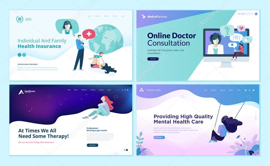 Set of web page design templates for medicine, health insurance, therapy,  online medical services. Modern vector illustration concepts for website and mobile website development.