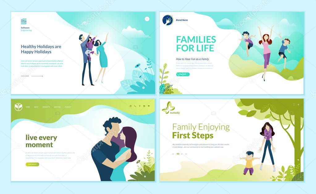 Set of web page design templates for happy family, family vacation, baby care. Modern vector illustration concepts for website and mobile website development.