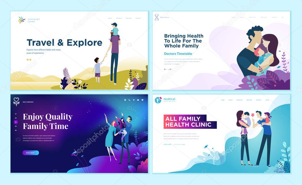 Set of web page design templates for family health care, travel and enjoying family activities. Modern vector illustration concepts for website and mobile website development.