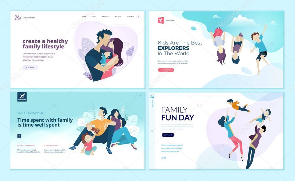 Set of web page design templates for family fun and entertainment, children's activities, healthy and safe environment for the family. Modern vector illustration concepts for website and mobile website development. 