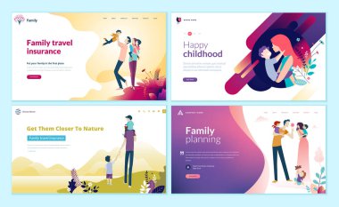 Aile planlaması, seyahat sigortası, Doğa ve sağlıklı yaşam için web sayfası tasarım şablonları kümesi. Modern vektör illüstrasyon kavramlar Web sitesi ve mobil web sitesi geliştirme için. 