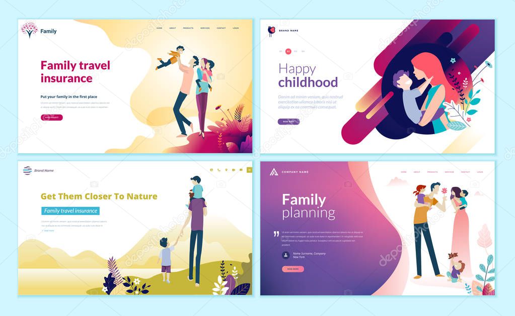 Set of web page design templates for family planning, travel insurance, nature and healthy life. Modern vector illustration concepts for website and mobile website development. 