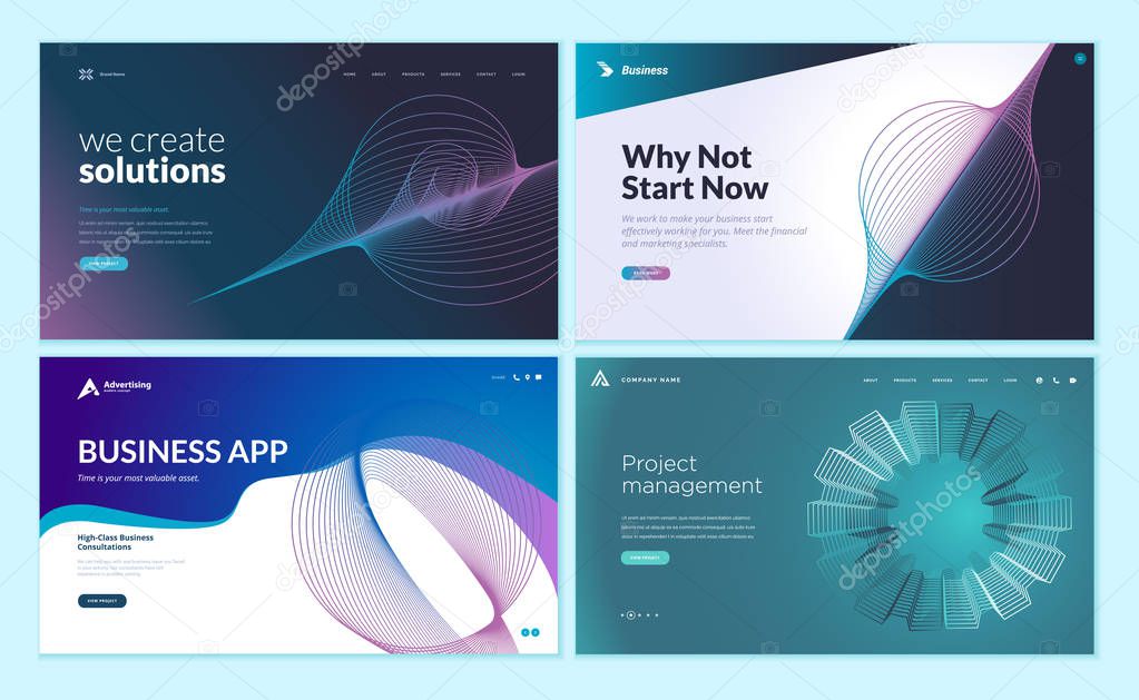 Set of web page design templates with abstract background for business app, project management, creative solutions. Modern vector illustration concepts for website and mobile website development.