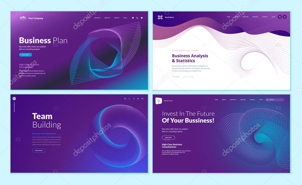 Set of web page design templates with abstract background for business plan, analysis and statistics, team building, investment. Modern vector illustration concepts for website and mobile website development.