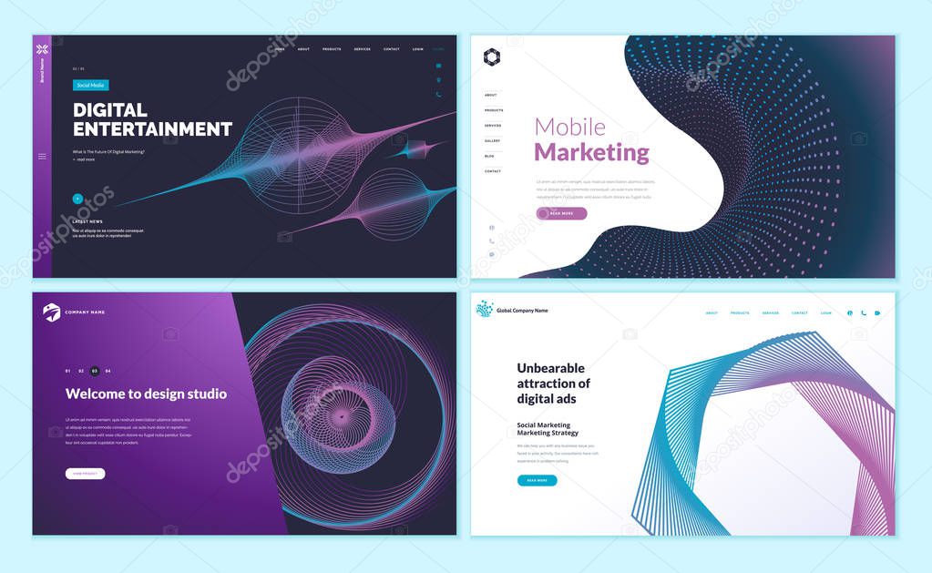 Set of web page design templates with abstract background for mobile marketing, social marketing, design studio, digital entertainment. Modern vector illustration concepts for website and mobile website development.