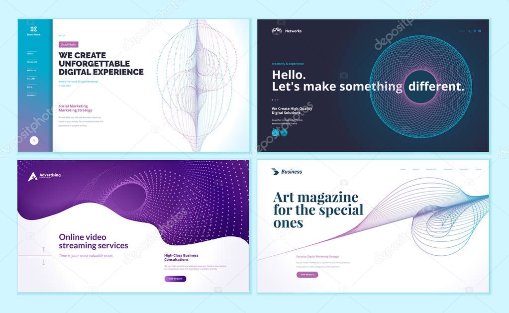 Set of web page design templates with abstract background for social marketing, video streaming, online art magazine. Modern vector illustration concepts for website and mobile website development.