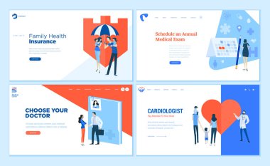 Web sayfa tasarım şablonları koleksiyonu sağlık sigortası, muayene, Doktor tercihi, Kardiyoloji. Modern vektör illüstrasyon kavramlar Web sitesi ve mobil web sitesi geliştirme için. 