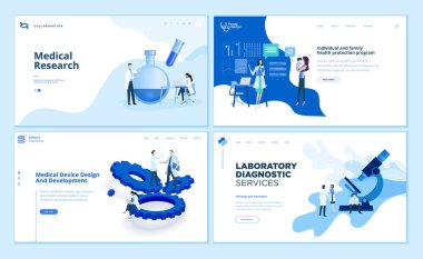 Web sayfa tasarım şablonları koleksiyonu tıbbi araştırma, laboratuvar tanı, tıbbi cihaz geliştirme, Aile sağlığı koruma programı. Modern vektör illüstrasyon kavramlar Web sitesi ve mobil web sitesi geliştirme için. 
