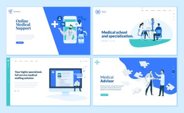 Web sayfa tasarım şablonları koleksiyonu online tıbbi destek, Tıp Fakültesi ve uzmanlık, tıbbi danışmanı. Modern vektör illüstrasyon kavramlar Web sitesi ve mobil web sitesi geliştirme için. 