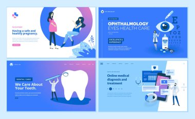 Web sayfa tasarım şablonları koleksiyonu kadın hastalıkları, göz hastalıkları, diş bakımı, online tıbbi tanı ve tedavi. Modern vektör illüstrasyon kavramlar Web sitesi ve mobil web sitesi geliştirme için. 