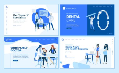 Web sayfa tasarım şablonları koleksiyonu aile doktoru, diş hekimi, jinekolog, takım sorumlusu. Modern vektör illüstrasyon kavramlar Web sitesi ve mobil web sitesi geliştirme için. 