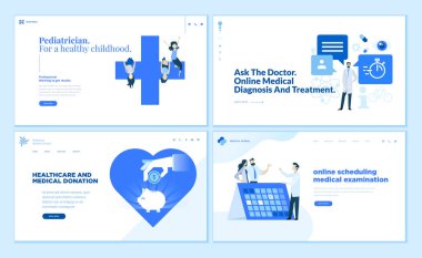 Web sayfa tasarım şablonları koleksiyonu çocuk doktoru, online tıbbi tanı ve tedavi, tıbbi bağış. Modern vektör illüstrasyon kavramlar Web sitesi ve mobil web sitesi geliştirme için. 